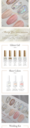 Elegant, shimmering BEVLAH "Marry You" nail kit with diverse glitter gels, sheer colors, and wedding-inspired accents, perfect for studio or wedding day nail looks.