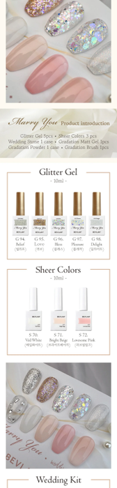 Elegant, shimmering BEVLAH "Marry You" nail kit with diverse glitter gels, sheer colors, and wedding-inspired accents, perfect for studio or wedding day nail looks.