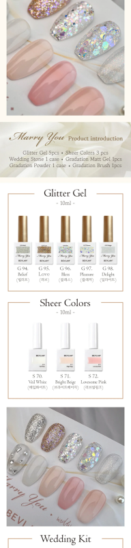 Elegant, shimmering BEVLAH "Marry You" nail kit with diverse glitter gels, sheer colors, and wedding-inspired accents, perfect for studio or wedding day nail looks.