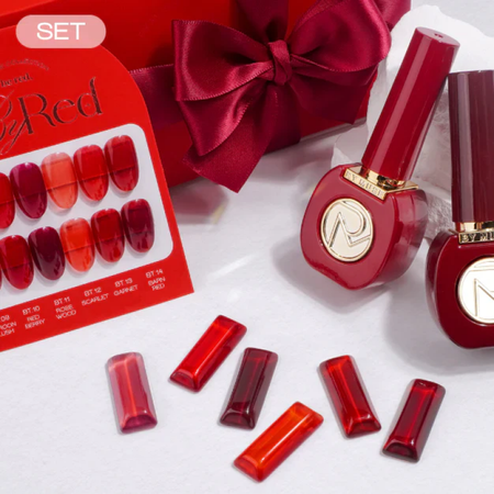 Decorative set of 6 vibrant red tint color gels for creating stunning nail art designs. The gel colors range from deep maroon to light rose, offering versatility for transforming nails into unique works of art. This BY MUSE By Red Collection product is a must-have accessory for nail enthusiasts seeking to elevate their manicures.
