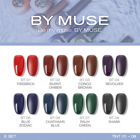8 vibrant nail polish colors from the BY MUSE brand's "Be My Muse" collection, featuring a range of shades from fiery red to deep green and cool-toned blues and purples, showcasing the diverse and high-quality nail care products offered by this popular brand.