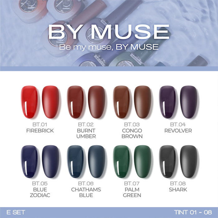 8 vibrant nail polish colors from the BY MUSE brand's "Be My Muse" collection, featuring a range of shades from fiery red to deep green and cool-toned blues and purples, showcasing the diverse and high-quality nail care products offered by this popular brand.