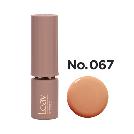 Detailed image of a LEAV Color Gel cosmetic product in the shade No. 067, featuring a cylindrical bottle with a pink-toned lid and a vibrant orange gel color visible within. The product description emphasizes that the exact color may vary due to monitor resolution and image effects.