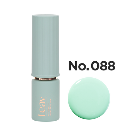 LEAV Color Gel LVN088 8ml nail polish in a soft, mint green color. The product may appear slightly different based on monitor resolution and image effects. This LEAV brand nail gel polish provides long-lasting, vibrant color for a professional manicure look.