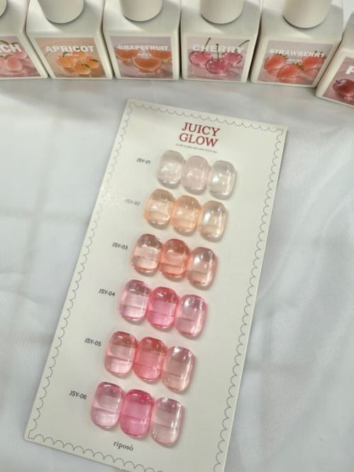 RIPOSO Juicy Glow six-shade syrup gel set with official JSY-01 to JSY-06 swatch chart and bottles