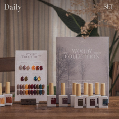 Comprehensive layout of the Daily Woody Collection’s packaging and components, showcasing the artfully designed package box, nail bottles, art paper chart, and color stand. This image illustrates the thoughtful design and richness of the collection's presentation.
