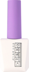 A close-up view of a purple bottle with a white label displaying Korean text. The bottle appears to be a Mostive Jinzza Base Gel, a Shopify product described as a non-wipe top coat with 9528 hours of testing, minimized stimulations, and a suitable viscosity for easy nail application. It features 60S UV/30S LED curing time and a 12ml volume.