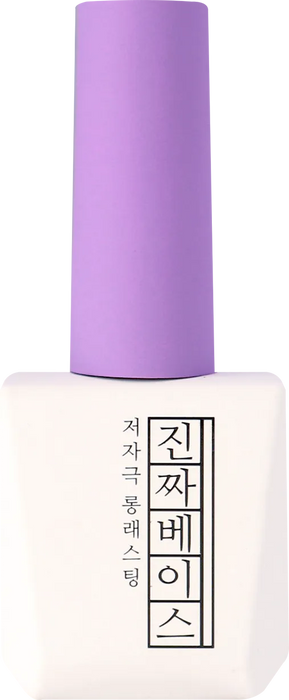 A close-up view of a purple bottle with a white label displaying Korean text. The bottle appears to be a Mostive Jinzza Base Gel, a Shopify product described as a non-wipe top coat with 9528 hours of testing, minimized stimulations, and a suitable viscosity for easy nail application. It features 60S UV/30S LED curing time and a 12ml volume.