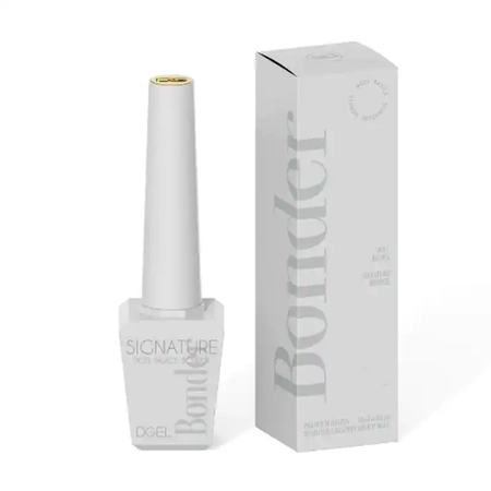 The DGEL Signature Bonder is a high-performance nail product designed to provide strong adhesion between acrylic or gel polish and the natural nail, preventing lifting and ensuring long-lasting wear. The product is formulated to balance the oil and moisture on the natural nail, creating an optimal surface for the application of base gel and subsequent coats. This detailed alt text highlights the key features and benefits of the DGEL Signature Bon