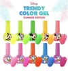 Vibrant gel polish collection featuring iconic Disney characters like Mickey Mouse and Donald Duck, offering a wide range of trendy summer colors including neon yellow, green, lime green, deep yellow, coral, pink, deep pink, orange red, sky blue, and violet. This 10-piece set provides an opaque, smooth application with a buildable formula, and is 14-free and HEMA-free for a safer, more enjoyable nail care experience.