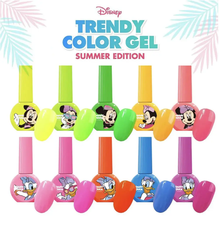 Vibrant gel polish collection featuring iconic Disney characters like Mickey Mouse and Donald Duck, offering a wide range of trendy summer colors including neon yellow, green, lime green, deep yellow, coral, pink, deep pink, orange red, sky blue, and violet. This 10-piece set provides an opaque, smooth application with a buildable formula, and is 14-free and HEMA-free for a safer, more enjoyable nail care experience.