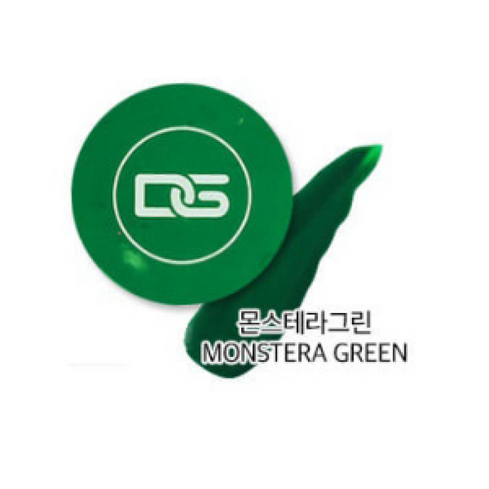 A vibrant monstera green painting gel displayed with a fluid smear next to its green-labeled jar labeled 'MONSTERA GREEN PJ002