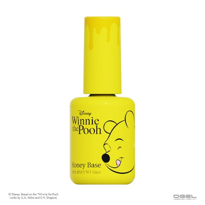 A bright yellow nail polish bottle with the "DGEL Disney Honey Base Gel" label prominently displayed. The bottle features the iconic Winnie the Pooh character, and the product is designed as a high-quality, user-friendly base gel that creates a smooth and even surface for nail color application, extending the life of the manicure and promoting healthier, stronger nails.