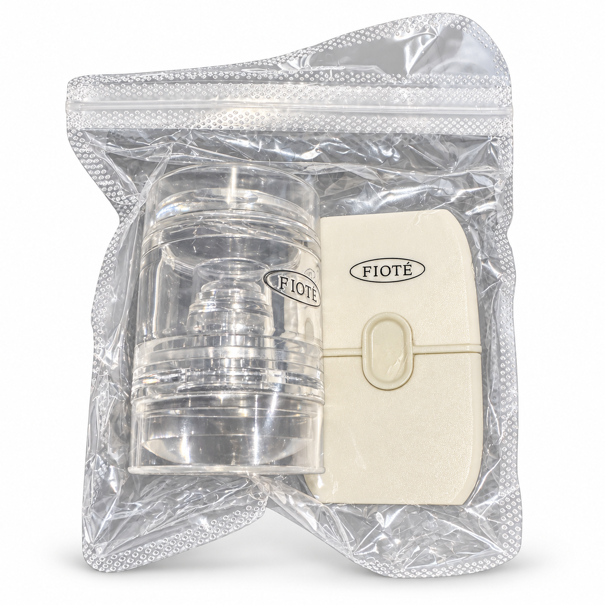 FIOTE Stamp Set with clear stamper and pearly scraper in its original pouch