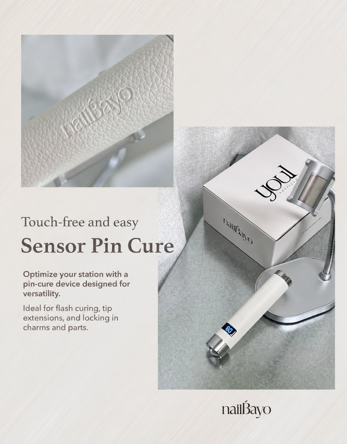 A nail product advertisement showing a white and silver pin-cure device on a stand, alongside its white packaging box branded 'nailbayo'. The left panel shows a close-up of a textured white leather nail tip with the 'nailbayo' logo embossed on it.