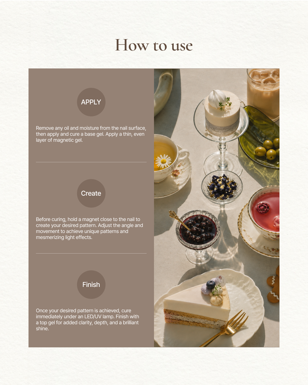 YOGOMAYO Tea Time magnetic gel application guide showing Apply, Create and Finish steps beside a tea-and-dessert setting.