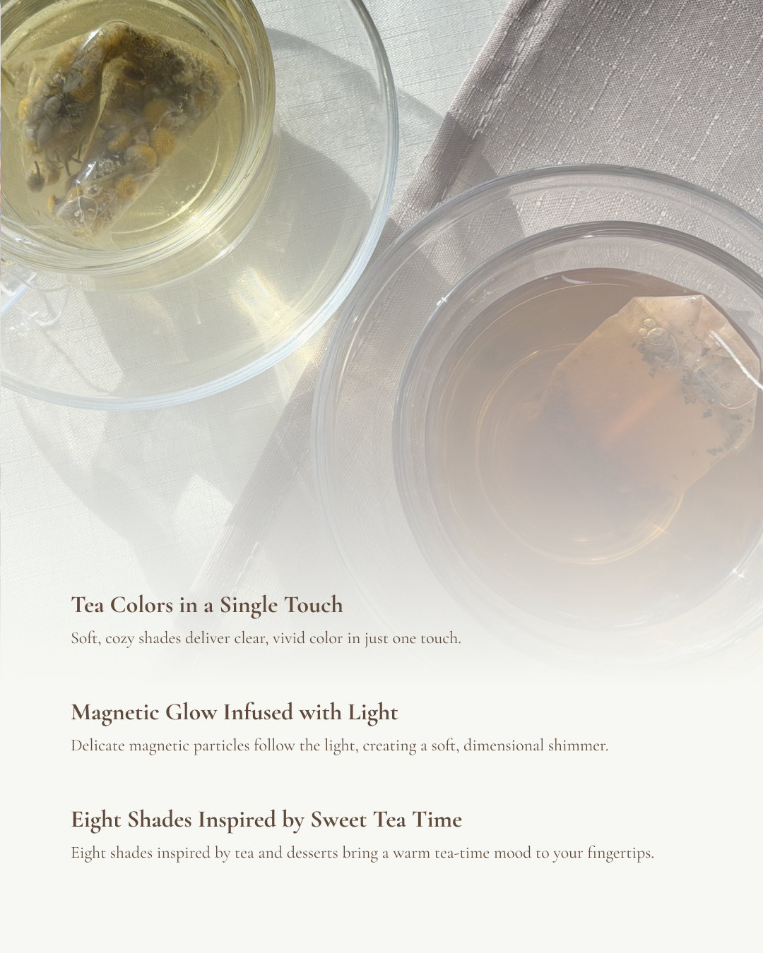 YOGOMAYO Tea Time collection feature card with tea glasses, highlighting sheer tea-inspired colours and magnetic shimmer.