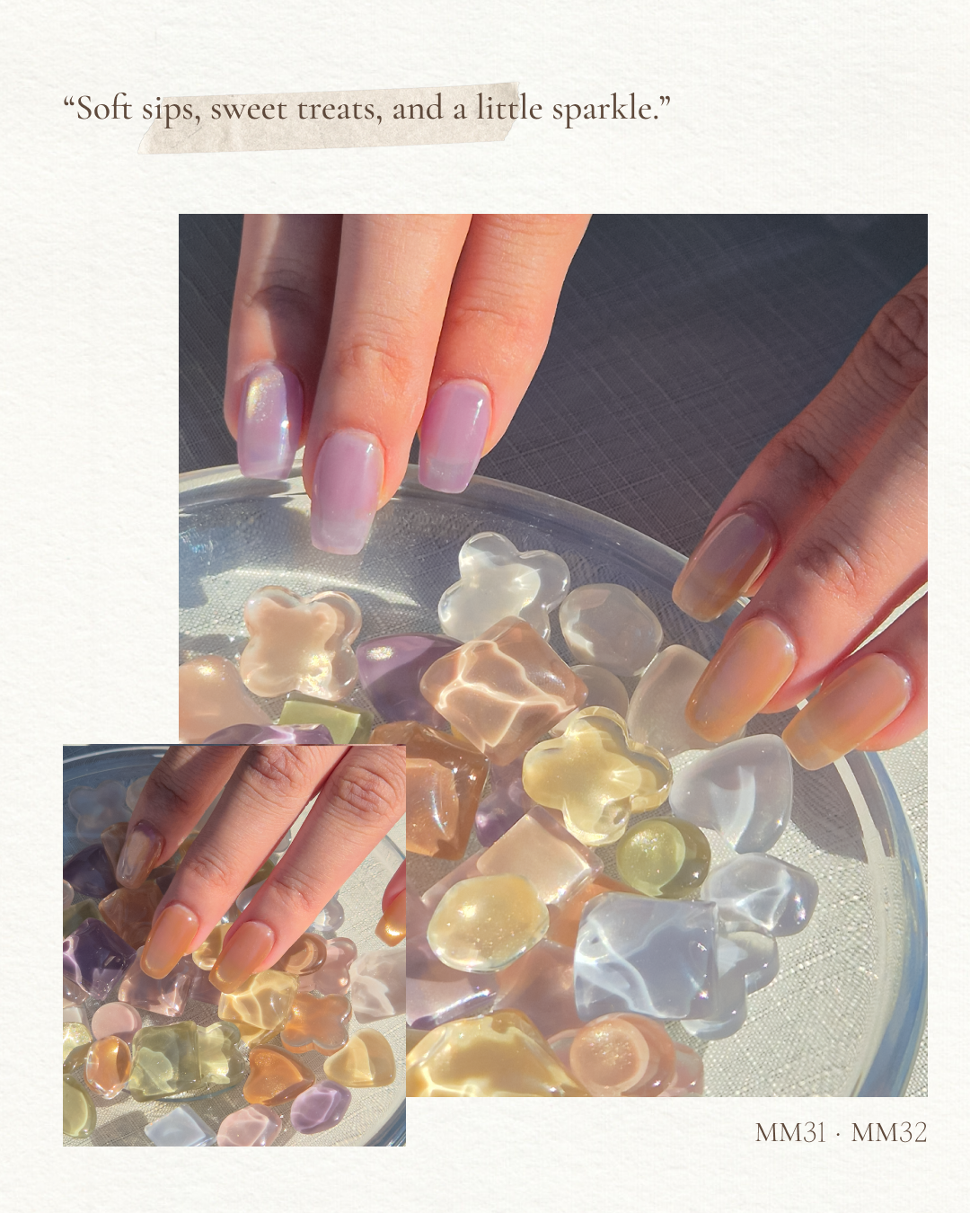 Pink and lilac YOGOMAYO Tea Time magnetic gel manicure shown beside translucent flower-shaped colour samples.