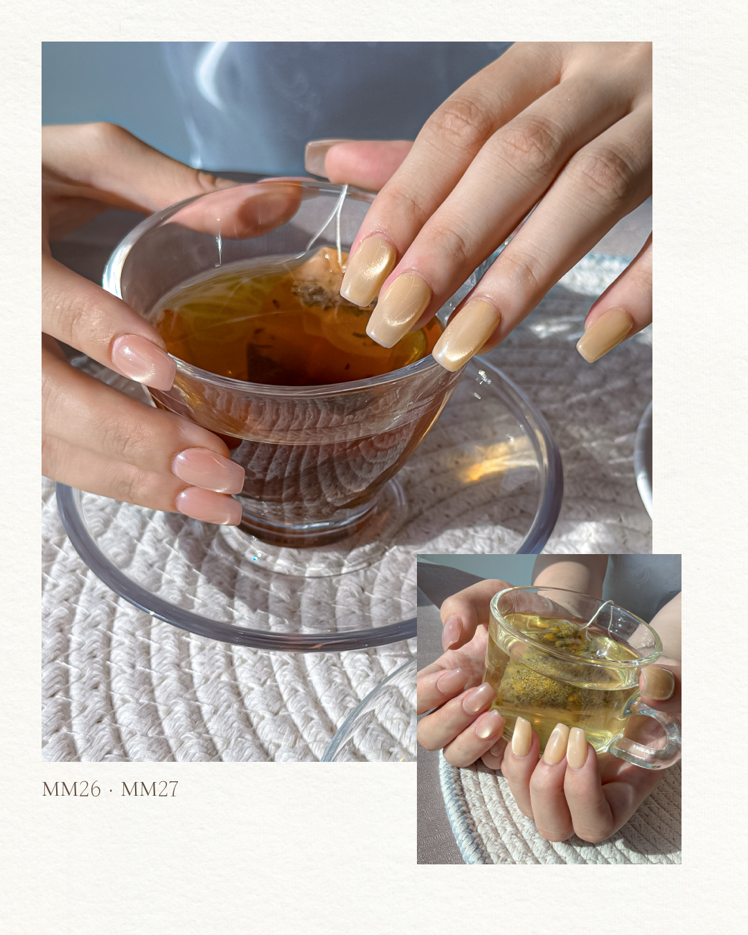Neutral gold and beige YOGOMAYO Tea Time magnetic gel manicure holding a glass cup of tea.