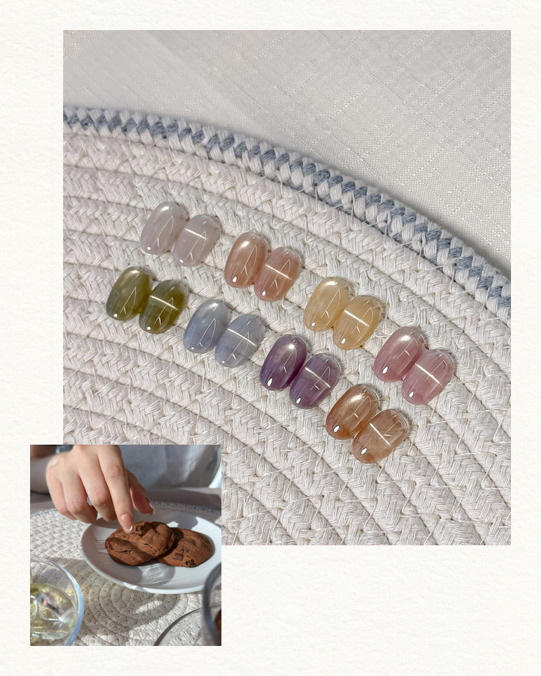 YOGOMAYO Tea Time nail swatches in neutral, pink, green, blue, purple and amber shades displayed on a glass plate.