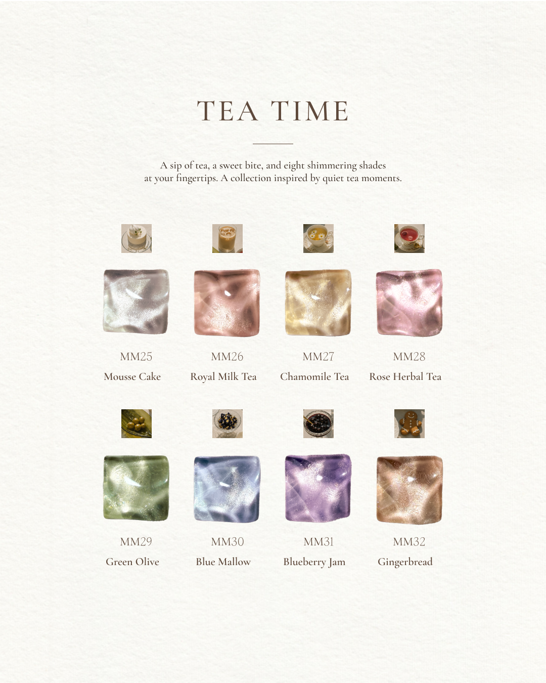 YOGOMAYO Tea Time shade chart showing all eight magnetic gel colours, labelled MM25 through MM32.