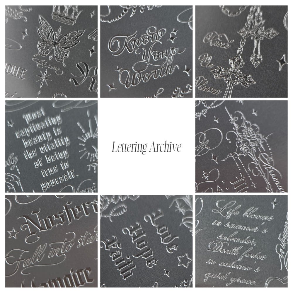FIOTE Lettering Archive stamping plate: close-up of the engraved lettering and decorative designs.