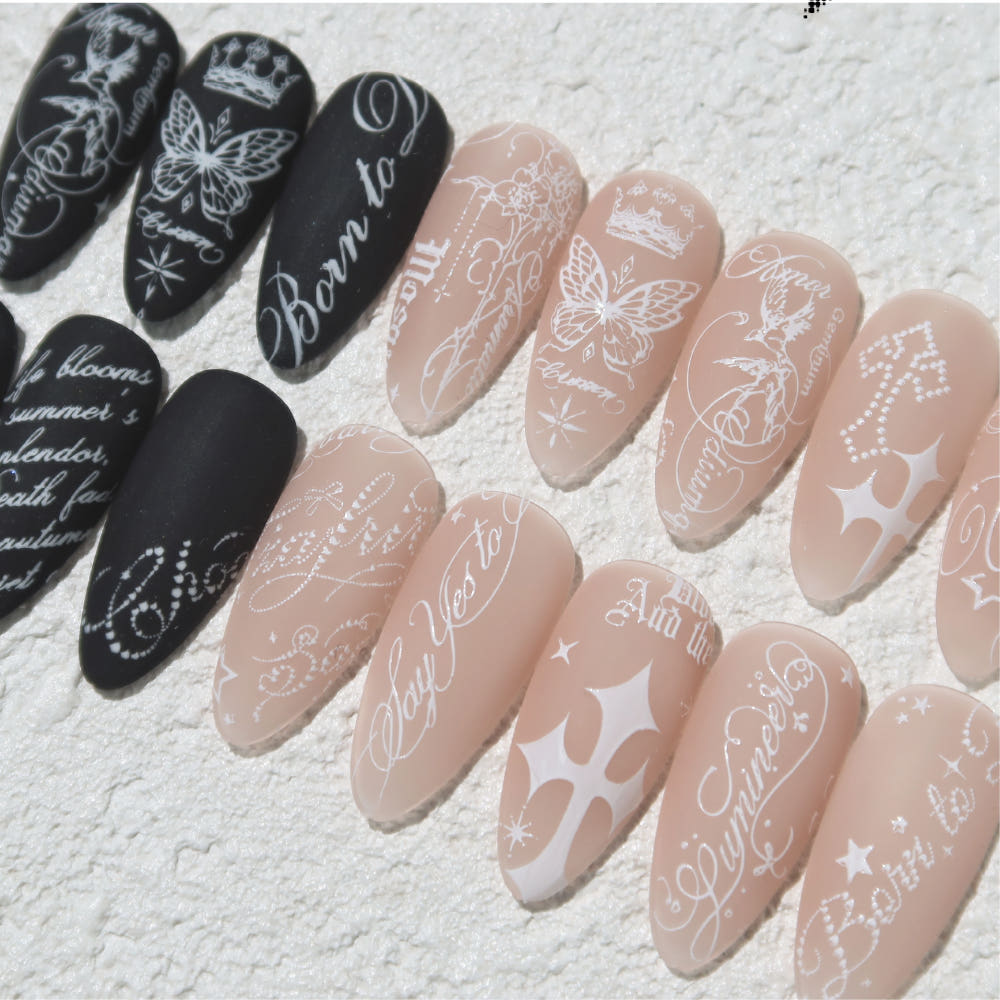 FIOTE Lettering Archive stamping plate: finished lettering nail-art examples. Gel colours and stamping tools are sold separately.