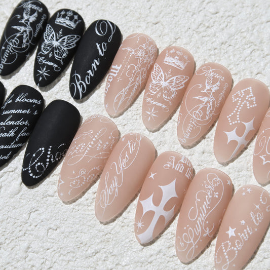 FIOTE Lettering Archive Stamping Plate — square nail-art examples; gel colours and stamping accessories sold separately.