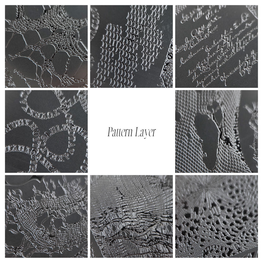 FIOTE Pattern Layer stamping plate: close-up of lace, texture and lettering patterns.