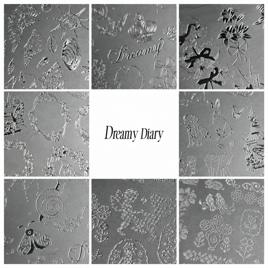 FIOTE Dreamy Diary Stamping Plate — engraved design detail collage, 2048 square enhanced image.