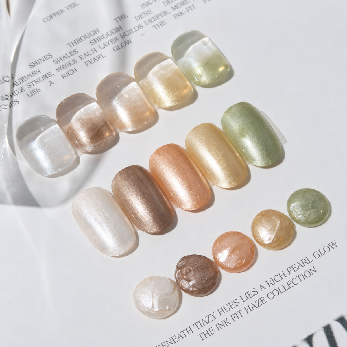 FIOTE The Ink Fit Haze Collection — five pearlescent shades, square swatch photograph.