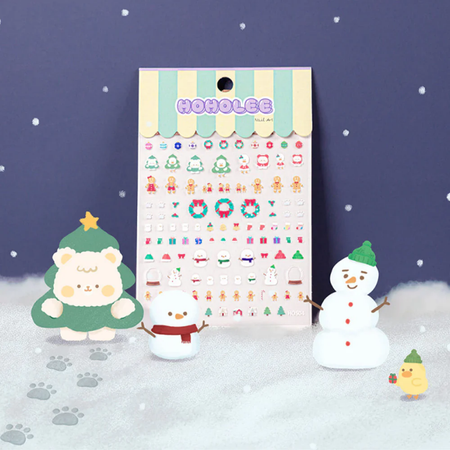 Colorful and festive Hoholee emboss stickers featuring a variety of winter-themed designs including snowflakes, snowmen, and other cozy holiday motifs. These textured decals provide a charming and creative finishing touch to any manicure or DIY project, perfect for adding a touch of seasonal flair and enhancing the coziness of the winter experience.