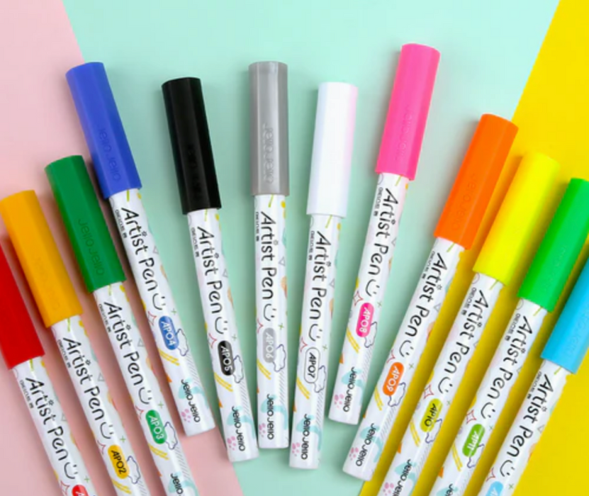 Vibrant array of JELLO JELLO Artist Pens AP01-AP12 showcasing their versatility for creating stunning nail art designs. These specialized pens allow users to easily draw and air-dry intricate patterns, providing a fun and creative experience for nail enthusiasts. The image highlights the diverse color options available in this 12-piece JELLO JELLO nail art pen set, perfect for unleashing one's artistic expression.