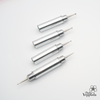 Set of four precision stainless steel dotting tools for nail art and crafts, featuring cylindrical handles of varying sizes and fine metal tips, arranged diagonally on a white background, ideal for creating intricate designs and patterns on nails or other small surfaces.