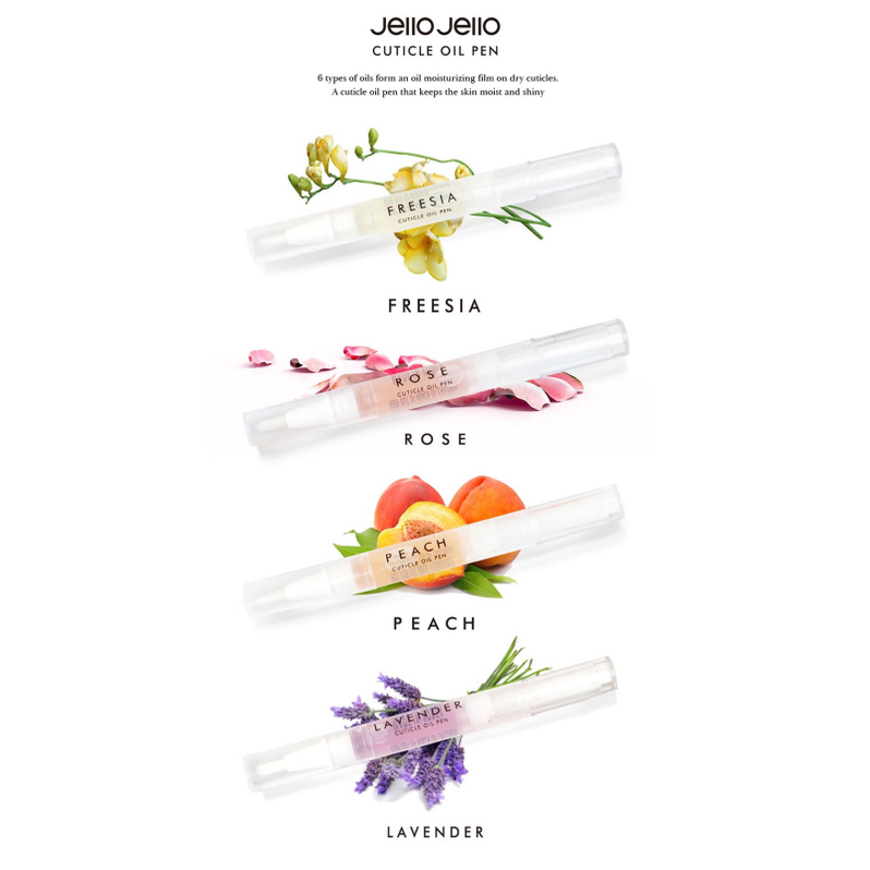 Set De 4 Stylos Huile Pour Cuticules Jello Jello – Parfums Freesia, Rose, Peach, Lavender, 3ml Chacun