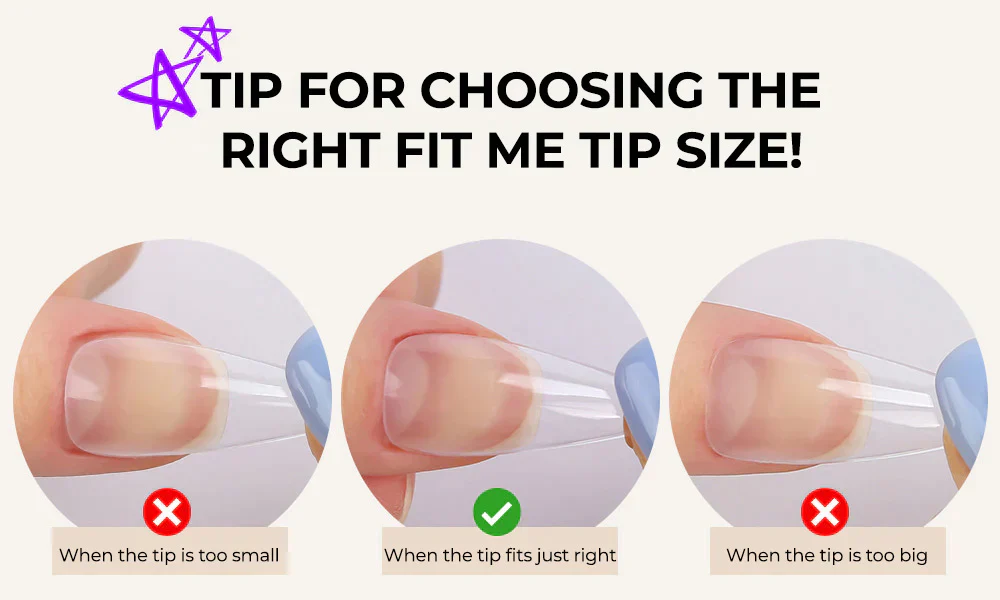 Detailed and comprehensive alt text for the "JELLO JELLO Fit Me Tip - Almond Type" Shopify product image, showcasing 240 full cover almond nail tips: This image features three close-up illustrations of fingertips demonstrating the proper fit for Fit Me Tip. The illustrations depict a fingertip with a tip that is too small, a fingertip with a tip that fits just right, and a fingertip with a tip that is too large. The text overlaying the image read