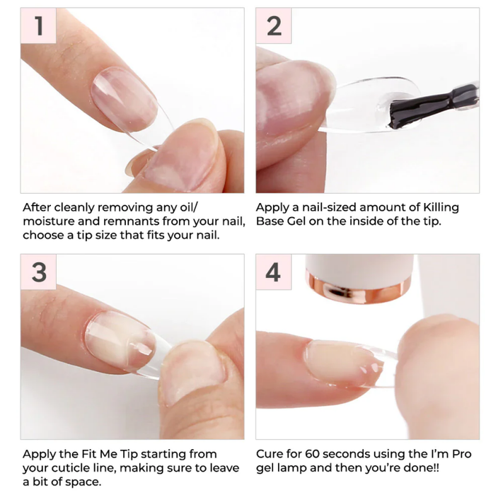 Detailed image instructions for applying Fit Me Tip to nails, including removing oil/moisture, applying Killing Base Gel, applying Fit Me Tip, and curing under LED lamp. The alt text could be: "Step-by-step visual guide demonstrating how to properly apply JELLO Fit Me Tip - Coffin Type nail product on fingers, emphasizing the brand's key features and usage instructions.