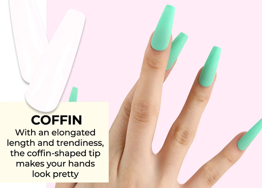 Detailed, Elaborative Alt Text: Full-coverage, coffin-shaped nail tips in a vibrant mint green tone that elongate the fingers and create a visually striking, on-trend manicure. These high-quality, reusable nail enhancements seamlessly accentuate the hands, elevating the overall aesthetic for a polished, fashion-forward look. JELLO, Fit Me Tip, Coffin Type.