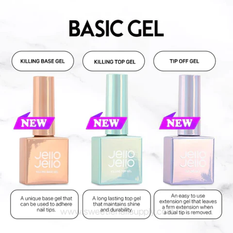 The image depicts three new Jello Jello brand nail gel products - a Killing Base Gel, a Killing Top Gel, and a Tip Off Gel. The detailed product description highlights the key features of the gels, including their durability, self-leveling properties, non-heating formula, and ease of use for beginners. The alt text for this image should focus on describing the visual elements and key product information without identifying any individuals.