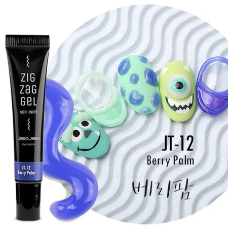 Detailed image of a Shopify product titled "JELLO JELLO Zig Zag Gel JT-12 Berry Palm". The image showcases the product's packaging and various colorful gel designs that can be created using the tube gel. The product description emphasizes the easy application process, curing requirements, and the durable finish achieved through the product's usage.