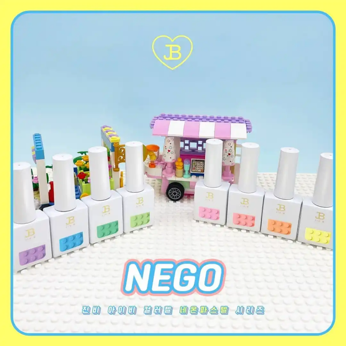 The image depicts a colorful and vibrant collection of JIN.B's IVY Color Gel Nego products. The set includes 8 high-pigmented neon pastel color gels, a swatch card, and a small decorative building. The products are arranged creatively on a white background, showcasing their unique and playful design. This alt text captures the essence of the JIN.B brand and the key features of the Nego Collection, highlighting its fun, high-pigmented, and easy-to