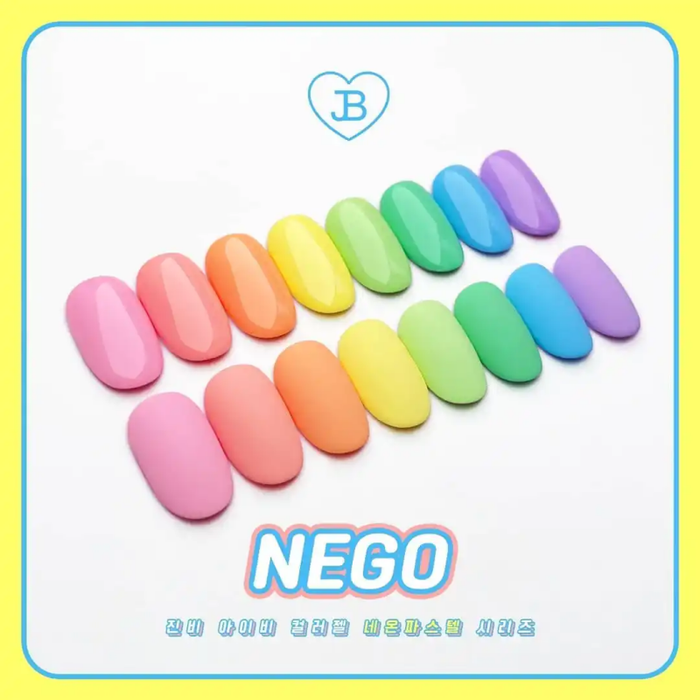 Vibrant array of colorful JIN.B IVY gel nail polish bottles in pastel shades, showcasing the high-pigment, one-coat coverage of the Nego Collection. The set includes 8 unique colors and a swatch card, allowing for easy selection and application of the neon-inspired, long-lasting gel formula.