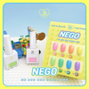 A colorful display of JIN.B's NEGO Color Gel collection featuring a pack of 8 vibrant, neon-pastel gel nail polishes and a swatch card for easy color selection. The products promise high pigmentation and only requiring a single coat for full coverage, with a 60-second UV/LED curing time.