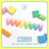 Detailed, vibrant, and colorful image showcasing the JIN.B IVY Color Gel Nego Collection 8 pcs. The image features a rainbow-like array of pastel-colored nail polish bottles along with Lego-inspired building blocks, highlighting the high-pigment and one-coat coverage of the gel nail polish set. The JIN.B brand name is prominently displayed, emphasizing the product's identity and quality.