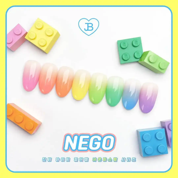 Detailed, vibrant, and colorful image showcasing the JIN.B IVY Color Gel Nego Collection 8 pcs. The image features a rainbow-like array of pastel-colored nail polish bottles along with Lego-inspired building blocks, highlighting the high-pigment and one-coat coverage of the gel nail polish set. The JIN.B brand name is prominently displayed, emphasizing the product's identity and quality.