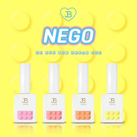8 vibrant color gel nail polishes in pastel neon shades from the JIN.B NEGO Collection, featuring a swatch card and 1-coat high pigmentation formula that cures in 60 seconds under UV/LED light.