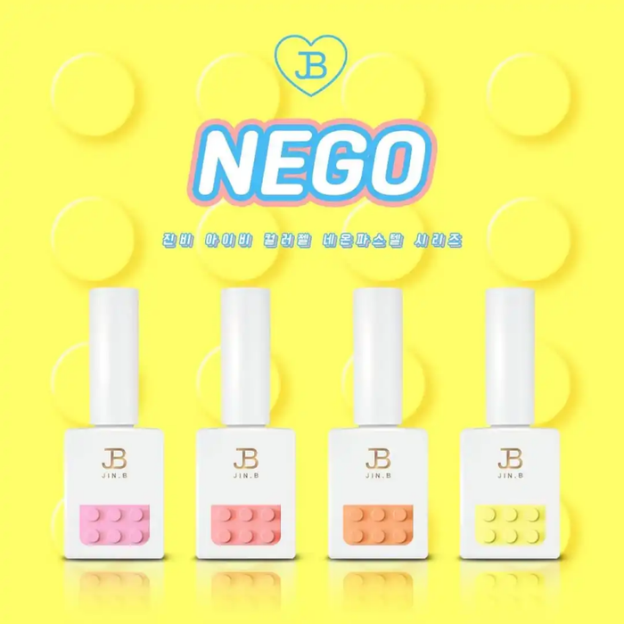8 vibrant color gel nail polishes in pastel neon shades from the JIN.B NEGO Collection, featuring a swatch card and 1-coat high pigmentation formula that cures in 60 seconds under UV/LED light.