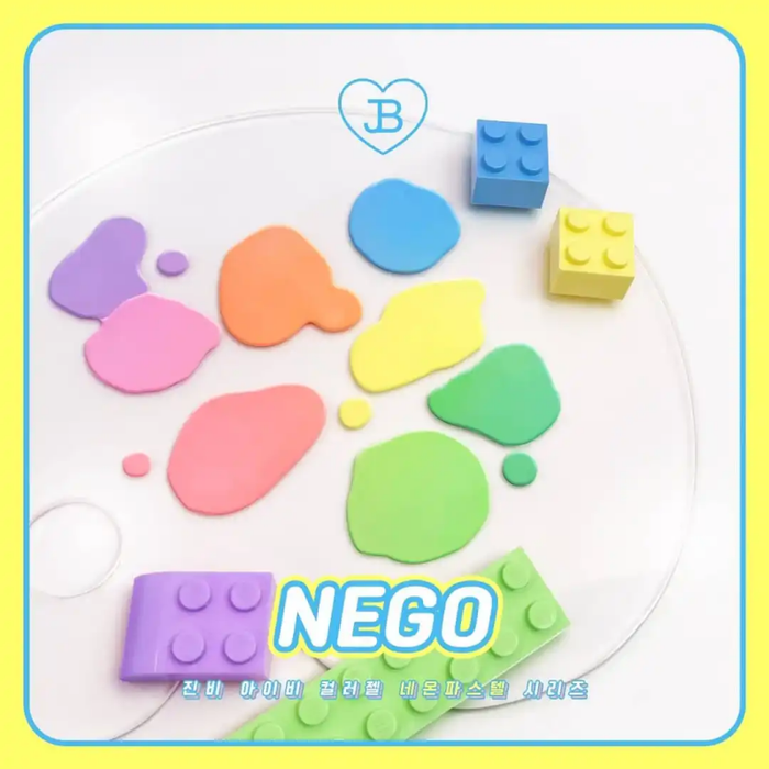 Vibrant, colorful, and playful collection of JIN.B's IVY Color Gel Nego 8-piece set, featuring a variety of pastel-hued gel nail polish shades and Lego-inspired building blocks, showcasing the brand's commitment to fun, high-pigmented, and easy-to-apply nail care products.