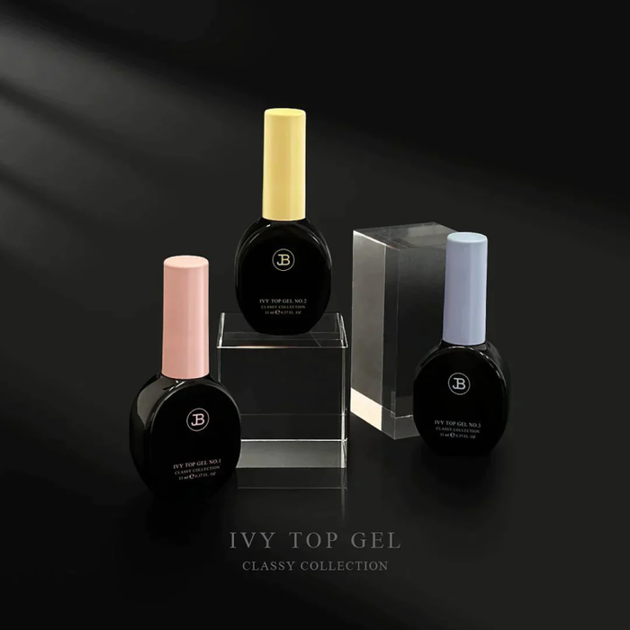 JIN.B Ivy Non-Wipe Top Gel No. 3, designed to provide a scratch-resistant coating and solid durability for bendy and uneven nails, with a strong formula and a volume of 11ml. This product is part of the Ivy Top Gel Classy Collection, offering a sleek and elegant appearance to enhance the overall nail care experience.