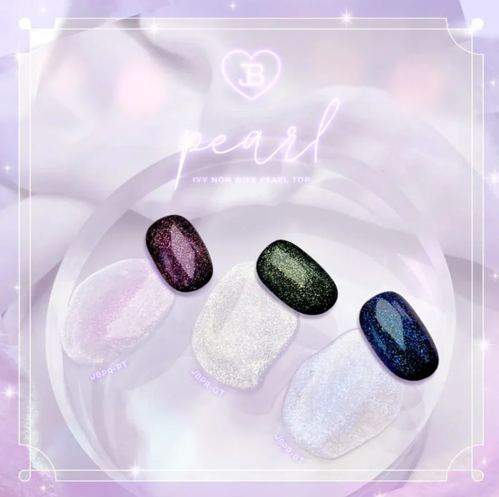 A set of three bottles of JIN.B Non-Wipe Pearl Top Gel, each containing 10ml of the product. The bottles are displayed on a white background, showcasing the vibrant pearl-like colors of the gel, including shimmering purple, green, and blue shades.